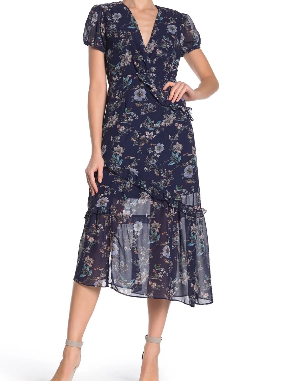NSR Navy Floral Wrap Midi Dress